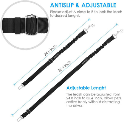 Retractable Dog Seat Belt, Adjustable Safety Belt, 2 Pack | Elastic Bungee, Heavy Duty, 360° Swivel, Fits Most Vehicles, Small to Large Dogs, Zinc Alloy Clip