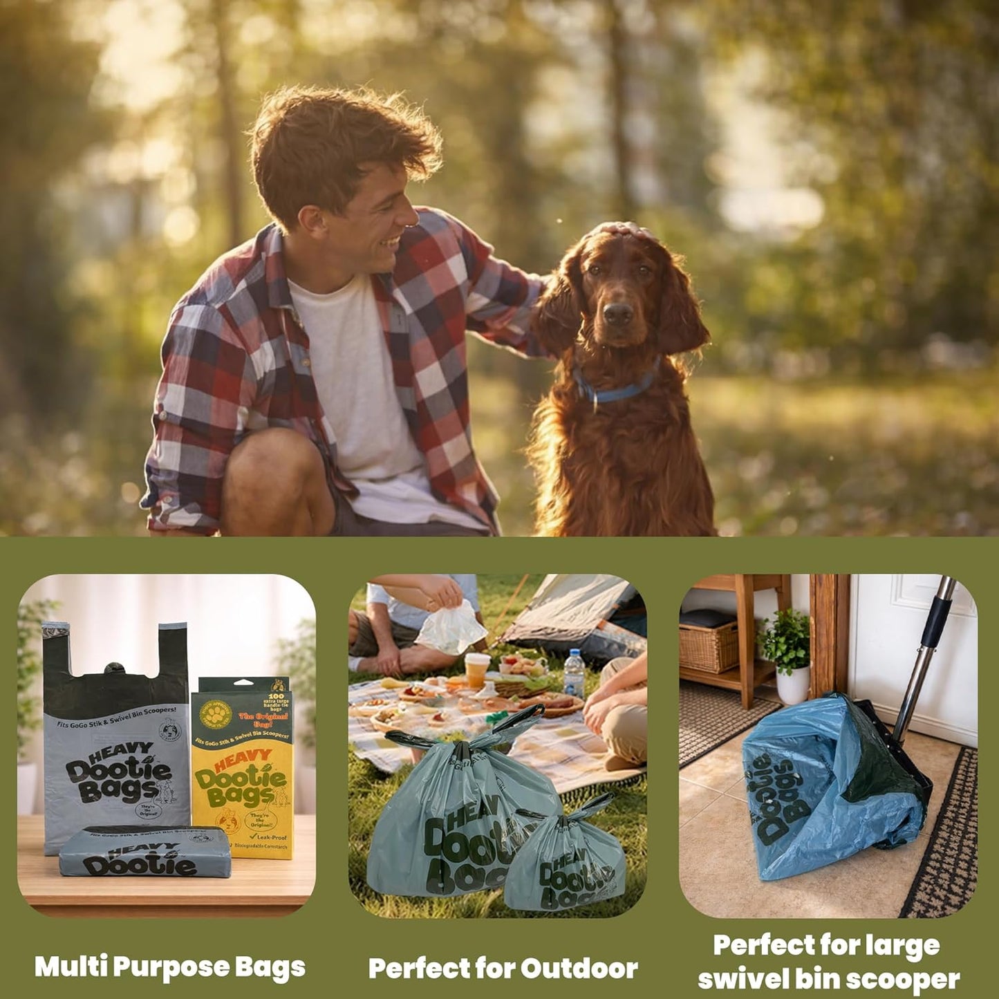 HEAVY Dootie Bags with EZ Tie Handles. Clean and Convenient for Pet Dog Poop, Cat Litter. Multi-Use. Great for Swivel Bin and  Scoopers. Made with Cornstarch. Strong, Leakproof and Very Large