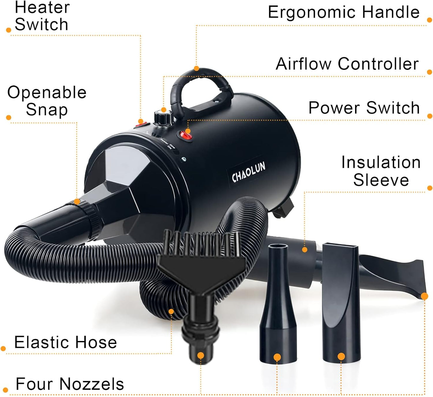 High Velocity Dog Grooming Dryer, Pet Blow Dryer with Heater, Black