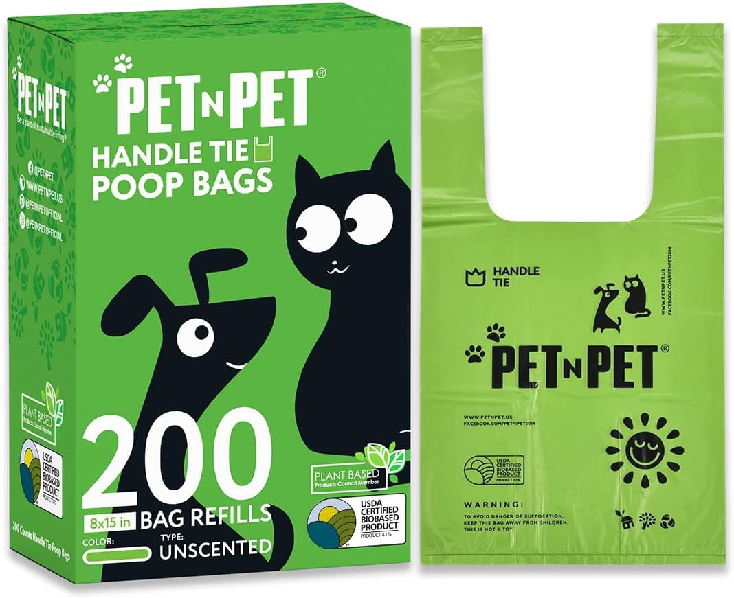 200 Counts Unscented Dog Poop Bags with Tie Handles, 41% Plant Based & 59% PE Poop Bags for Dogs, Extra-Thick Doggie Poo Bag, Pet Waste Bag
