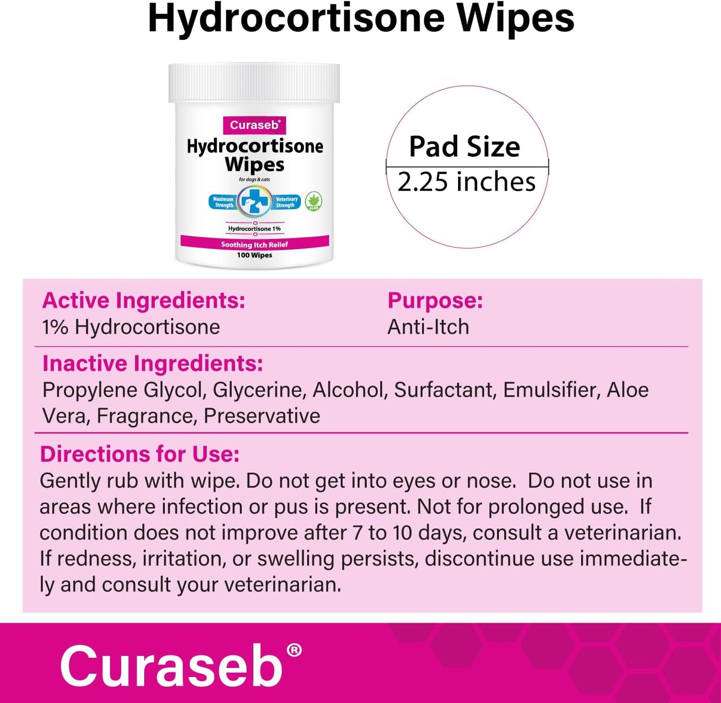 Hydrocortisone Wipes for Dogs & Cats – Instant Itch Relief for Hot Spots, Paw Licking, Rashes, Allergies, Bites, Dry Skin – with Soothing Aloe - 100 Wipes