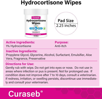 Hydrocortisone Wipes for Dogs & Cats – Instant Itch Relief for Hot Spots, Paw Licking, Rashes, Allergies, Bites, Dry Skin – with Soothing Aloe - 100 Wipes