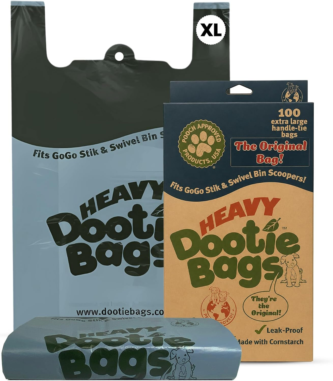 HEAVY Dootie Bags with EZ Tie Handles. Clean and Convenient for Pet Dog Poop, Cat Litter. Multi-Use. Great for Swivel Bin and  Scoopers. Made with Cornstarch. Strong, Leakproof and Very Large