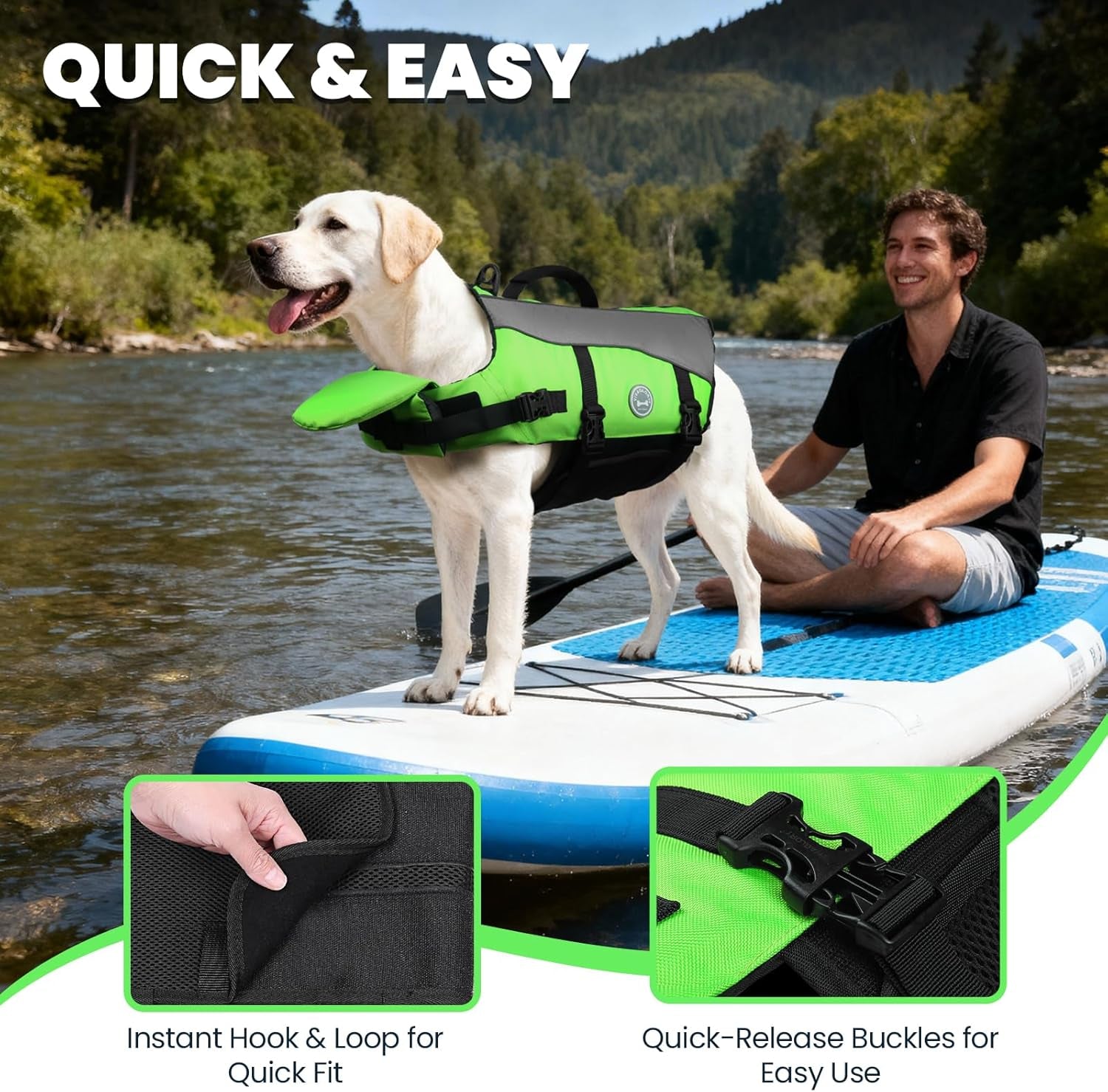 Dog Life Vest Front Float Dog Swim Vest, XS, Bright Green | Life Jacket with Chin Float & Handle for Swimming & Boating, High Visibility Adjustable for Doggy Cat Puppy