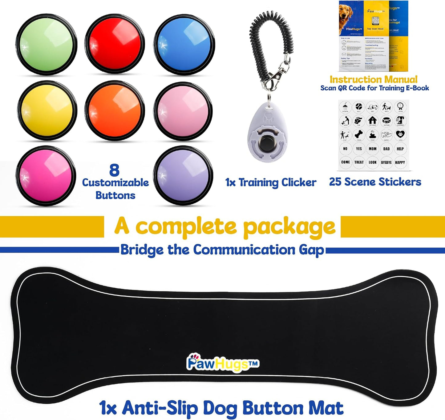 Dog Buttons for Communication, Dog Talking Buttons Starter Set with 8 Recordable Voice Buttons, Non-Slip Mat & Clicker, Dog Training Buttons That Talk, Pet Communication Buttons