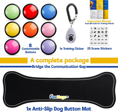 Dog Buttons for Communication, Dog Talking Buttons Starter Set with 8 Recordable Voice Buttons, Non-Slip Mat & Clicker, Dog Training Buttons That Talk, Pet Communication Buttons