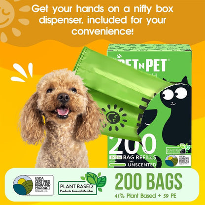 200 Counts Unscented Dog Poop Bags with Tie Handles, 41% Plant Based & 59% PE Poop Bags for Dogs, Extra-Thick Doggie Poo Bag, Pet Waste Bag