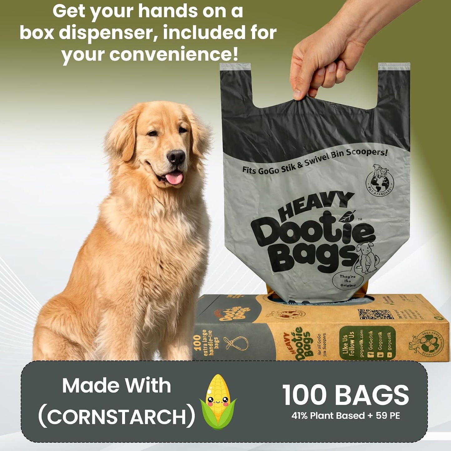 HEAVY Dootie Bags with EZ Tie Handles. Clean and Convenient for Pet Dog Poop, Cat Litter. Multi-Use. Great for Swivel Bin and  Scoopers. Made with Cornstarch. Strong, Leakproof and Very Large