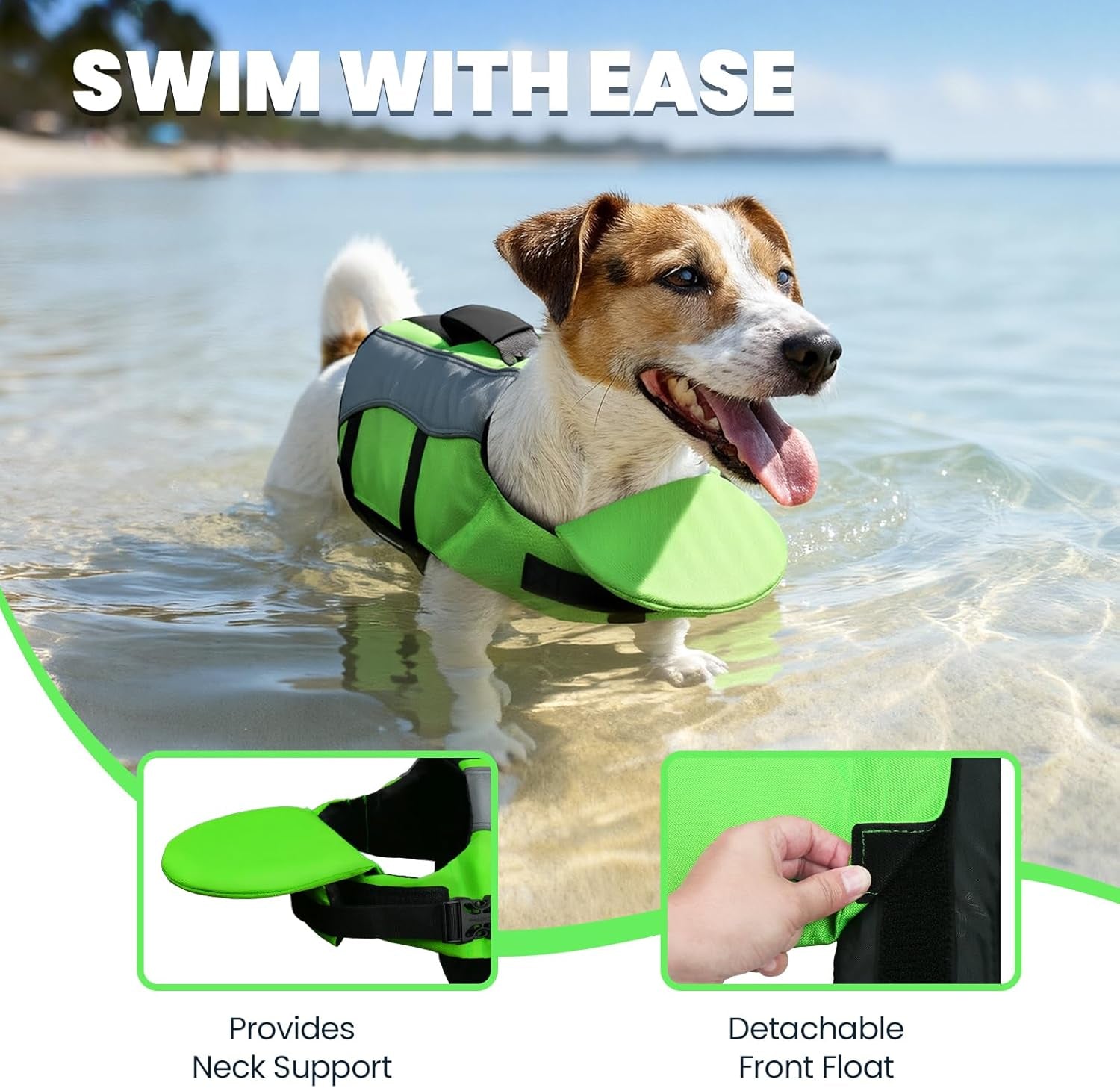 Dog Life Vest Front Float Dog Swim Vest, XS, Bright Green | Life Jacket with Chin Float & Handle for Swimming & Boating, High Visibility Adjustable for Doggy Cat Puppy